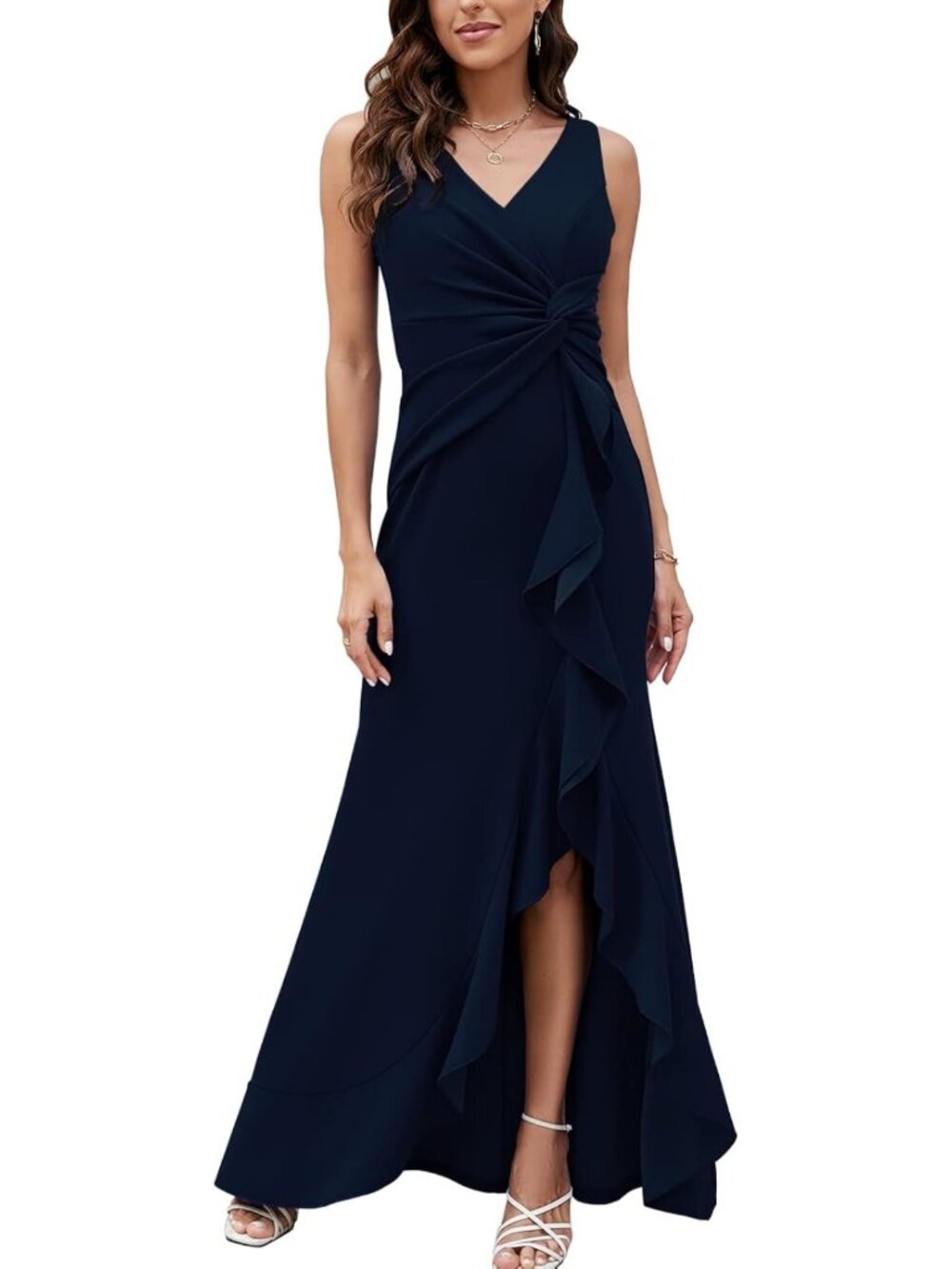Navy High Slit V Neck Long Formal Evening Prom Party Gown Sz S-M